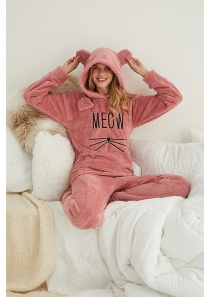 Kadın Pudra Meow Desenli Tam Peluş Pijama Takımı