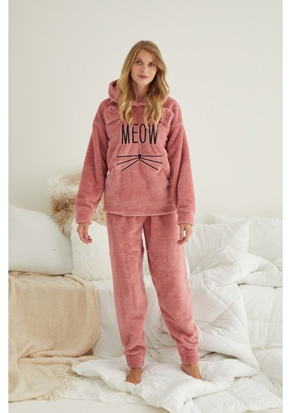 Kadın Pudra Meow Desenli Tam Peluş Pijama Takımı fiyatları