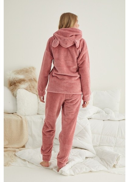 Kadın Pudra Meow Desenli Tam Peluş Pijama Takımı modelleri