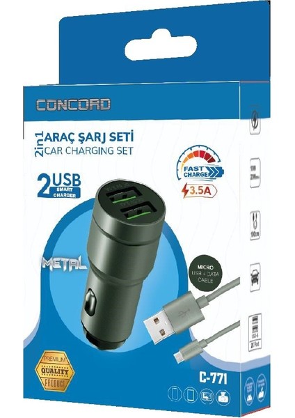 C-771 Micro Kablo ve Metal Başlık Araç Şarj Seti 2.4A + 3.5A 23W