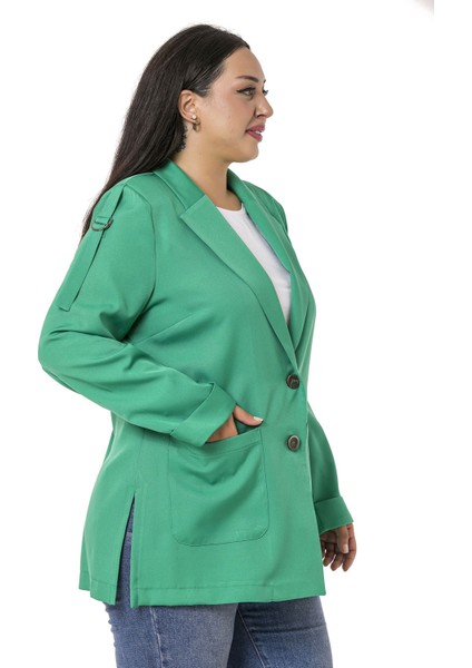 Büyük Beden Kol Ağzı Duble Katlamalı Omuzda Şerit ve D Toka Detaylı Yanı Yırtmaçlı Yeşil Ceket indirimleri