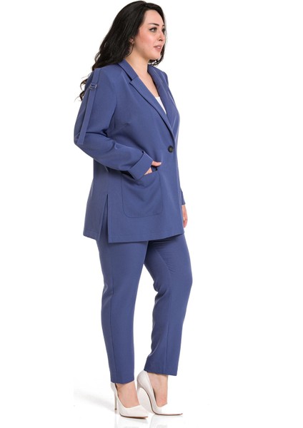 Büyük Beden Kol Ağzı Duble Katlamalı Omuzda Şerit ve D Toka Detaylı Yanı Yırtmaçlı Indigo Ceket fırsatları