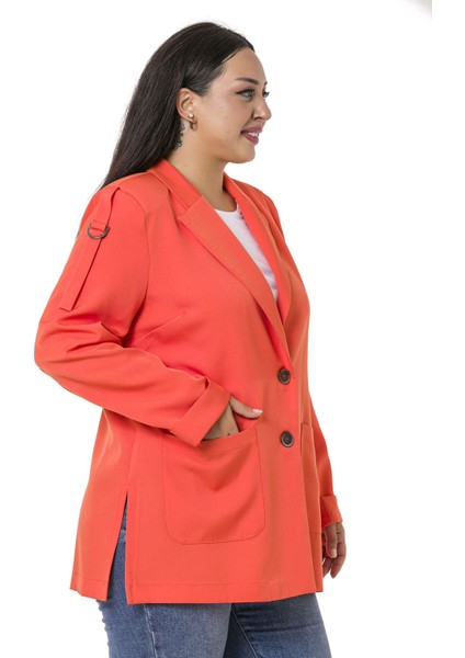 Büyük Beden Kol Ağzı Duble Katlamalı Omuzda Şerit ve D Toka Detaylı Yanı Yırtmaçlı Turuncu Ceket indirimleri