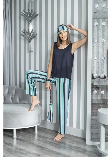 For You Sleepwear 2'li Çizgili Viskon Lacivert Atlet Pijama Takım S27233