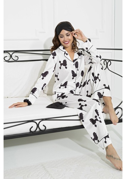 For You Sleepwear 6'lı Köpek Desen Beyaz Saten Pijama Takımı S27225