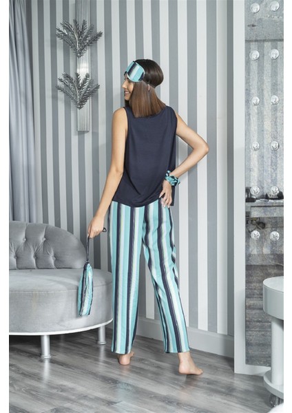 2'li Çizgili Viskon Lacivert Atlet Pijama Takım S27233 fırsatları