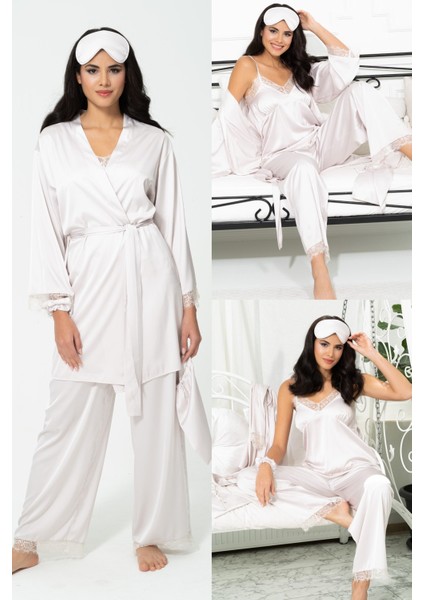 6'lı Dantelli Sabahlık Atlet Pantolon Gri Pijama Takım S27087