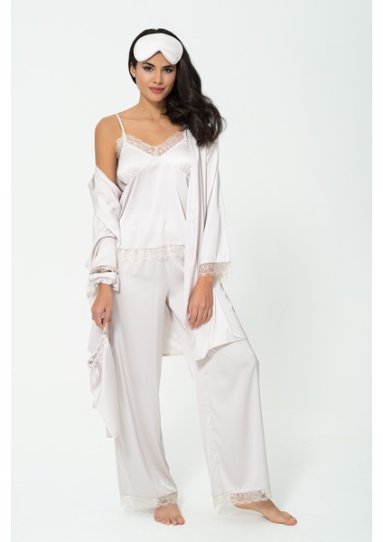 6'lı Dantelli Sabahlık Atlet Pantolon Gri Pijama Takım S27087 fiyatları