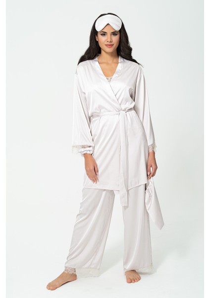 6'lı Dantelli Sabahlık Atlet Pantolon Gri Pijama Takım S27087 modelleri