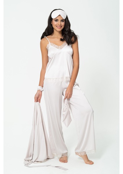 6'lı Dantelli Sabahlık Atlet Pantolon Gri Pijama Takım S27087 fırsatları
