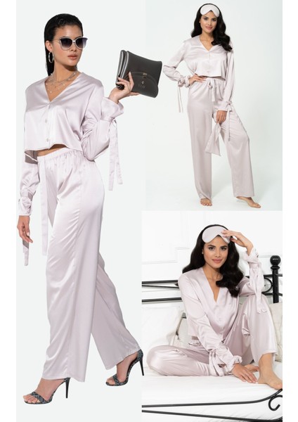 5'li İçeride&Dışarıda Kol Baglama Detaylı Gri Pijama Takım S27246