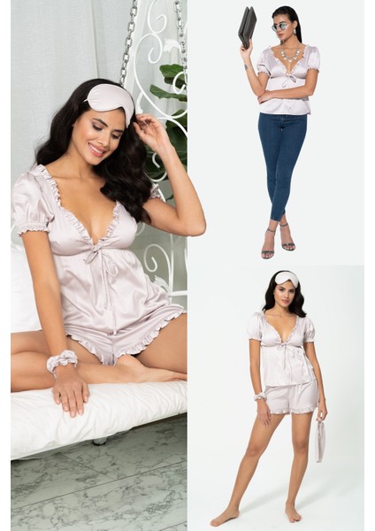 5'li İçeride&Dışarıda Fırfırlı Gri Pijama Takım S27242