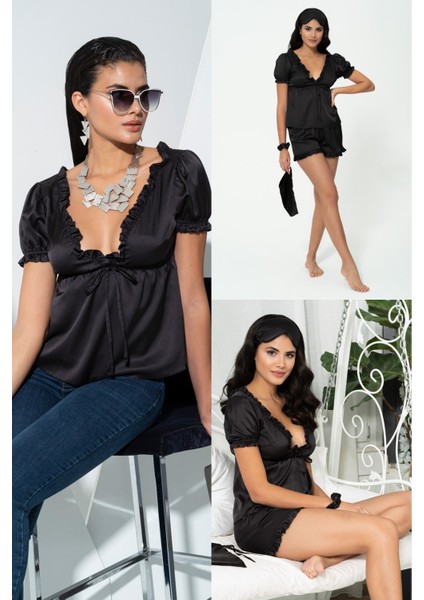 5'li İçeride&Dışarıda Fırfırlı Siyah Pijama Takım S27243