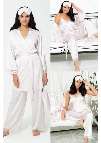 For You Sleepwear 6'lı Dantelli Sabahlık Atlet Pantolon Gri Pijama Takım S27087