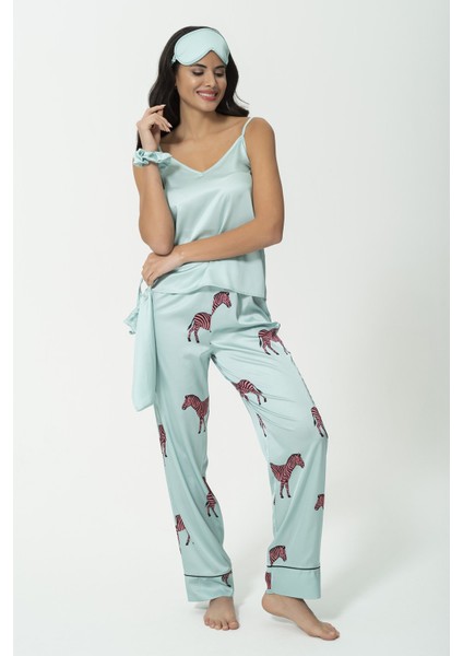 For You Sleepwear 6'lı Zebra Desen Yeşil Saten Pijama Takımı S27217