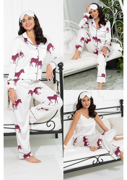 6'lı Zebra Desen Ekru Saten Pijama Takımı S27218