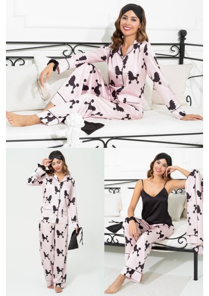6'lı Köpek Desen Pembe Saten Pijama Takımı S27221