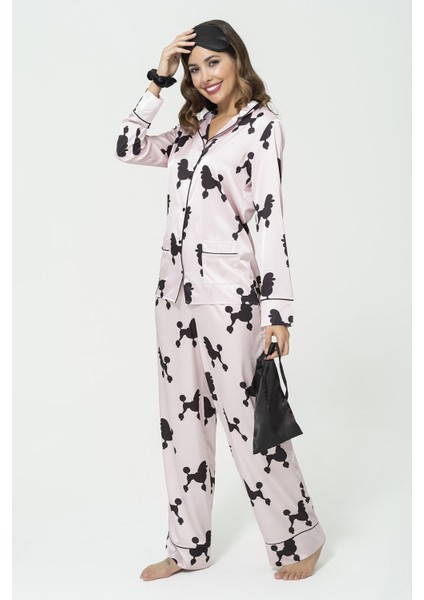 6'lı Köpek Desen Pembe Saten Pijama Takımı S27221