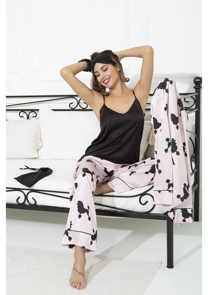 6'lı Köpek Desen Pembe Saten Pijama Takımı S27221