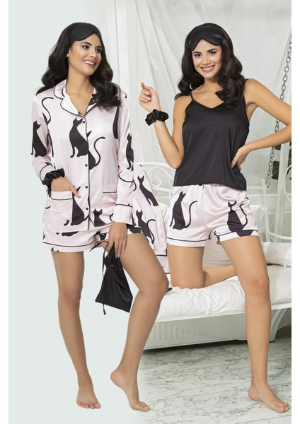6'lı Kedi Desen Pembe Saten Pijama Şort Takım S27181