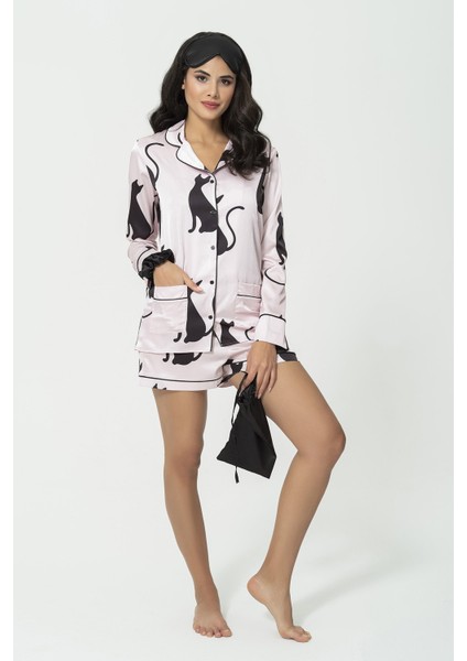 6'lı Kedi Desen Pembe Saten Pijama Şort Takım S27181 modelleri