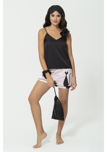 6'lı Kedi Desen Pembe Saten Pijama Şort Takım S27181 fırsatları