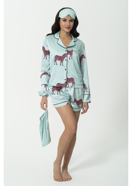6'lı Zebra Desen Yeşil Saten Pijama Şort Takım S27219 fiyatları
