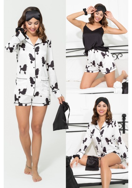 6'lı Köpek Desen Beyaz Saten Pijama Şort Takım S27222