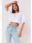 Beyaz %100 Pamuk Bisiklet Yaka Oversize Crop TShirt 2