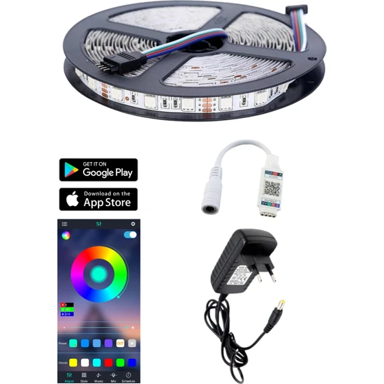 EVİMLED Rgb LED Bluetooth Özellikli - 5 Metre 5050 Smd Iç Mekan 3 Çip Sese ve Müziğe Duyarlı