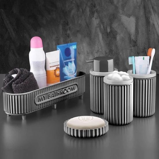 Sas Banyo Takımı Diş Fırçalık Sıvı Sabunluk Katı Sabunluk Pamukluk 5 Li Set Gri 3386