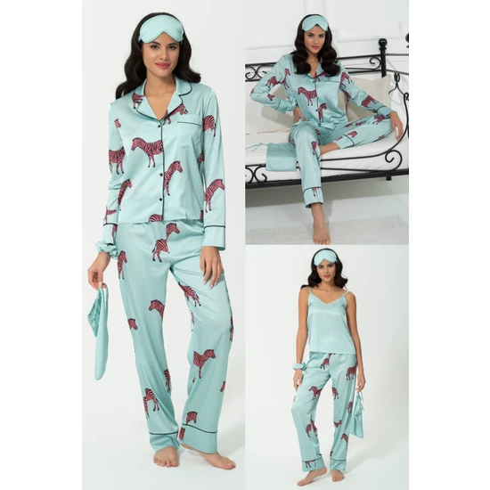 For You Sleepwear 6'lı Zebra Desen Yeşil Saten Pijama Takımı S27217