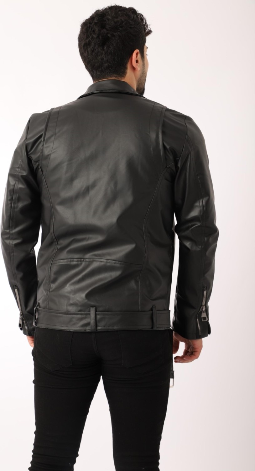 Stil Kombin Kuzey Beli Kemerli Suni Deri Ceket Erkek Slim Fit Siyah Polyester Düz Desenli görsel 4