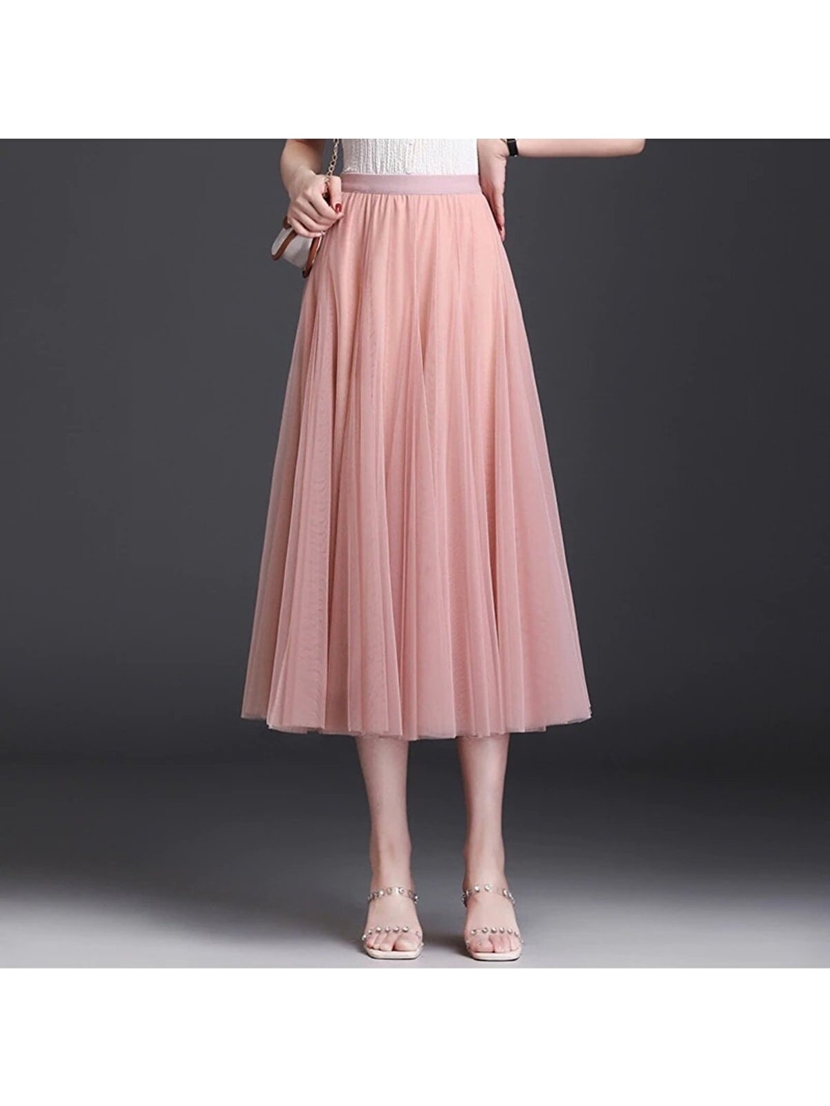 Nsm Pudra Renk Rahat 3 Katman Yüksek Bel Tül Etek - Görsel 4