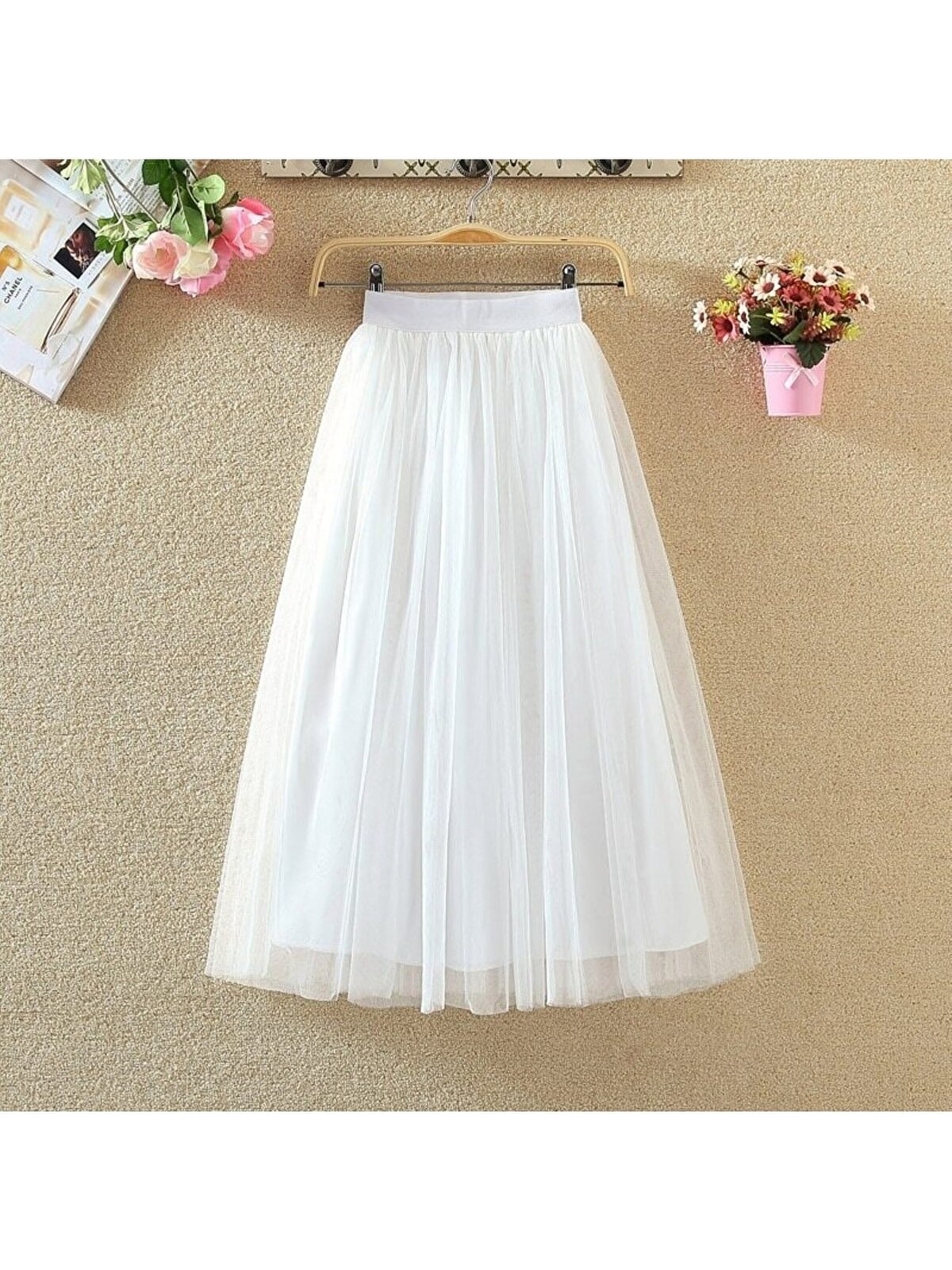 Nsm Beyaz Renk Rahat 3 Katman Yüksek Bel Tül Etek