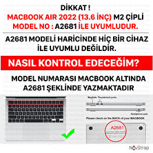 Novstrap Apple MacBook Air 13.6 Inç 2022 M2 Çip A2681 Uyumlu Kılıf Parlak-Siyah Klavye Kılıfı-Film