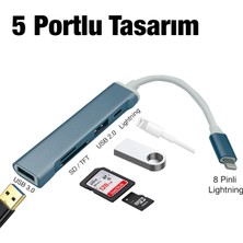 Vendas 5'li Lightning Uçlu USB + Sd Kart Girişli S-503 Hub Adaptör Çevirici Dönüştürücü