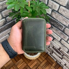 AsyaClub Hakiki Deri Antik Yeşil Fermuarlı Mini Erkek Cüzdanı (T1447)