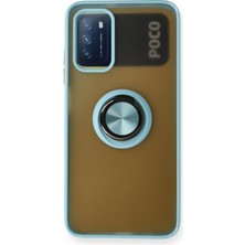 Aqua Aksesuar Xiaomi Pocophone M3 Kılıf Standlı Yüzüklü Buzlu Tasarım Arka Kapak - Buz Mavi