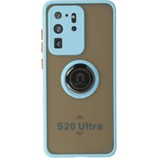 Aqua Aksesuar Samsung Galaxy S20 Ultra Kılıf Standlı Yüzüklü Buzlu Tasarım Arka Kapak - Buz Mavi