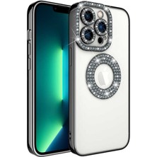 Iphone 13 Pro Max  Uyumlu Kılıf Kamera Lens Korumalı Kristal Parlak Gbox Taşlı Halkalı Lens Çerceveli Pırlanta Lüx Bayan Case Gösterişli Arkası Şeffaf Kenar Parlak