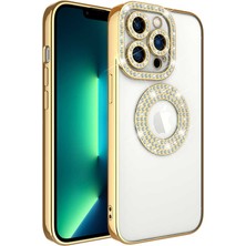 Iphone 13 Pro Max  Uyumlu Kılıf Kamera Lens Korumalı Kristal Parlak Gbox Taşlı Halkalı Lens Çerceveli Pırlanta Lüx Bayan Case Gösterişli Arkası Şeffaf Kenar Parlak