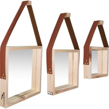 Barış Dizayn El Yapımı Doğal Ahşap Dekoratif 3'lü Deri Askılı Ayna Seti