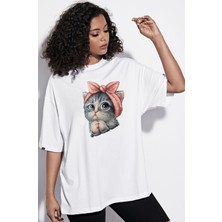 DAXİS Sportwear Company  Zokawear Oversize Unisex Beyaz Sevimli Minik Kedi Baskılı TShirt
