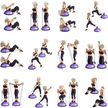 WOQES Bosu Ball Yarı Pilates Topu Sıkılaştırma Denge Aleti 60 cm Direnc Lastikli Pompa Hediyeli Mor