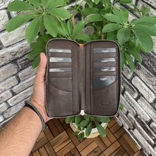 AsyaClub Hakiki Deri Unisex Koyu Kahve Kroko Fermuarlı Portföy Cüzdan (T1522)