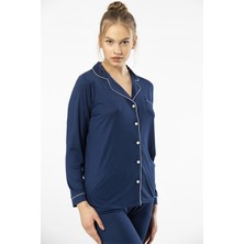 Türen 3365 Lacivert Kadın Düz Uzun Kollu Gömlek Yaka Pijama Takım