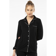 Türen 3365 Siyah Kadın Düz Uzun Kollu Gömlek Yaka Pijama Takım