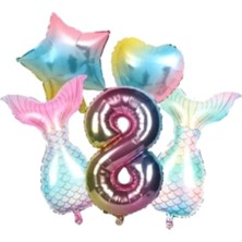Parti Sürprizi Rainbow Deniz Kızı Kuyruğu 8 Yaş Folyo Balon Set