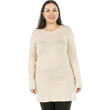Disentis Modest Büyük Beden Yuvarlak Yaka Uzun Kollu Viskon Uzun Bej Rengi Body